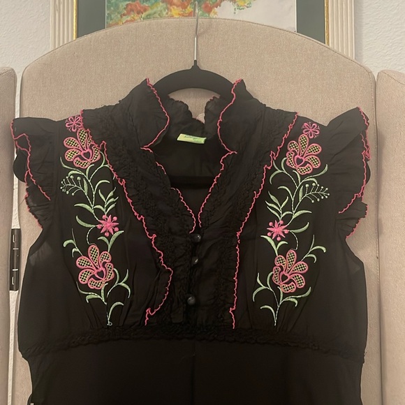 Black Embroidered Sleveless Ruffled V Neck Mini Dress/Tunic Top wt Belt XS-S - Picture 2 of 10